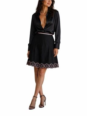 NWT Joy & Peace Mini Skirt Women’s Size S Black/Pink Embroidered Floral Trim